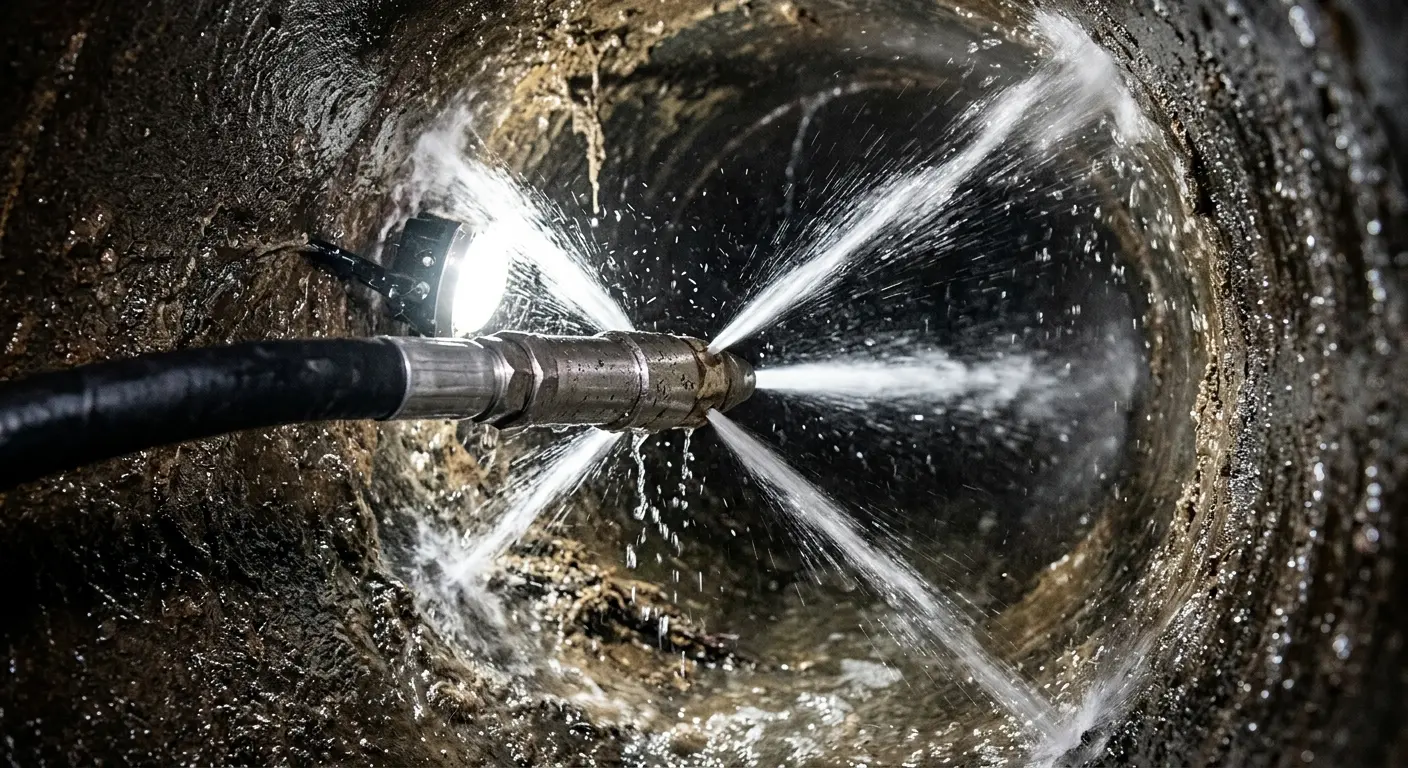 High-pressure hydro jetting nozzle cleaning sewer pipe for Trenchless Sewer Repair in Signal Mountain