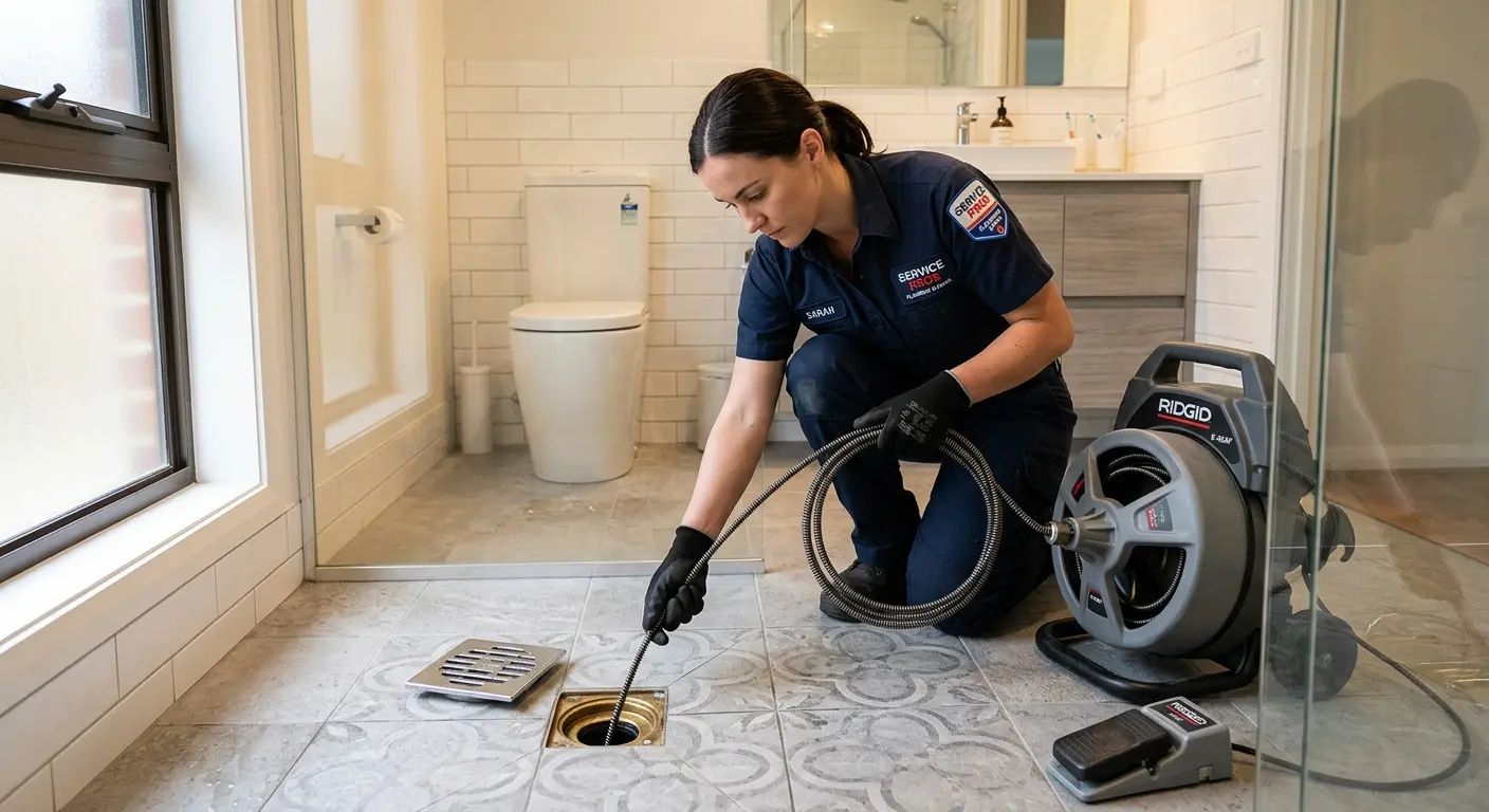 Technician clearing a bathroom floor drain for Sewer Line Installation in Signal Mountain